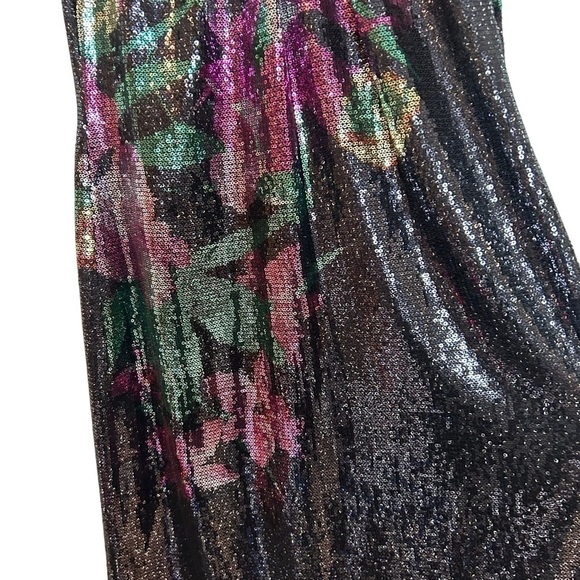 T Tahari Helena Black/Multi Color Floral Sequin Sleeveless Pleated Collar Dress - Picture 3 of 16